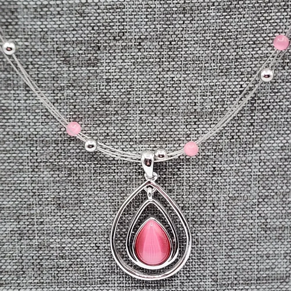 LIA SOPHIA COTTON CANDY Silver Pink Teardrop Floating Bead Signed Necklace